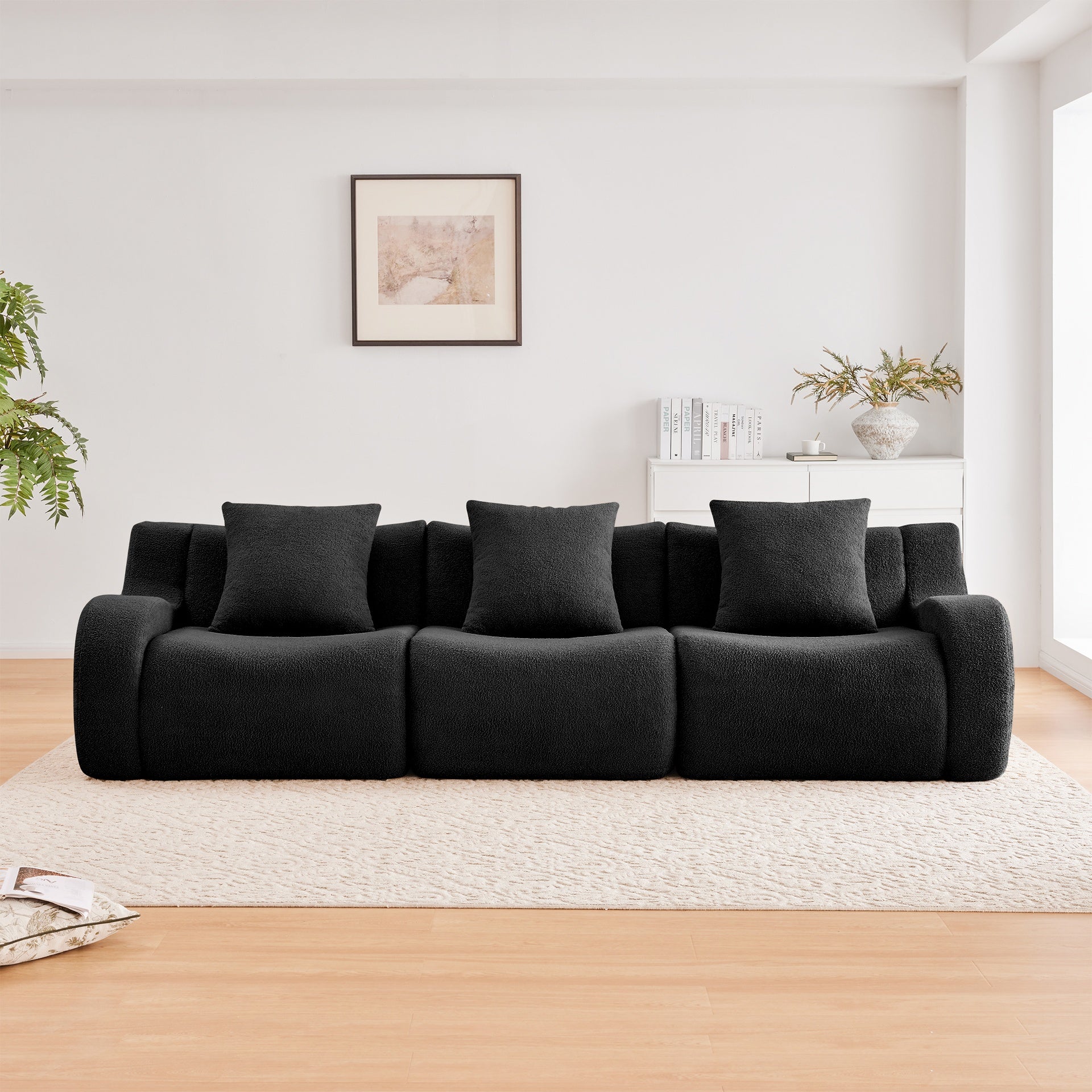Boneless Sofa,3 Seat High-Quality Teddy Fabric,Anti-Slip Design,No Assembly Curved Armrests  Streamlined,32D High Density Sponge For Living Rooms Bedrooms Reading Nook,Black