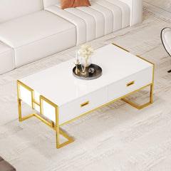 Modern White Rectangular Coffee Table with 4 Drawers and Gold Base in 47.3"