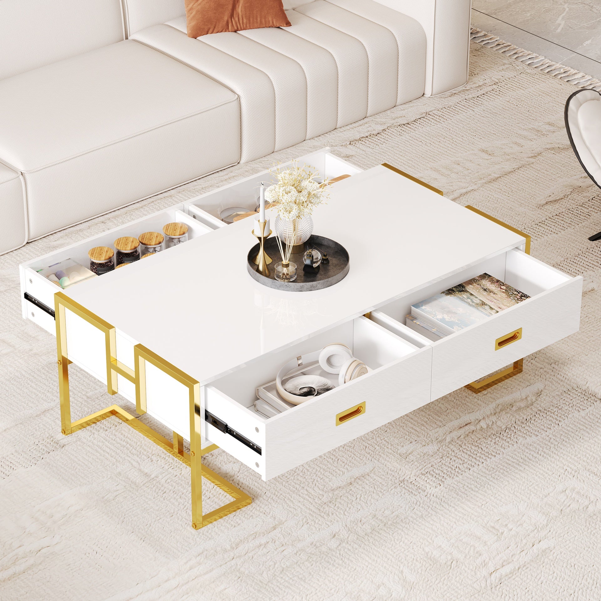 Modern White Rectangular Coffee Table with 4 Drawers and Gold Base in 47.3"