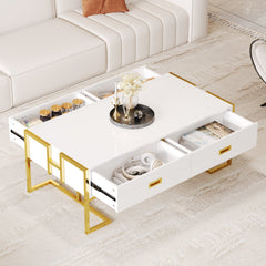 Modern White Rectangular Coffee Table with 4 Drawers and Gold Base in 47.3"