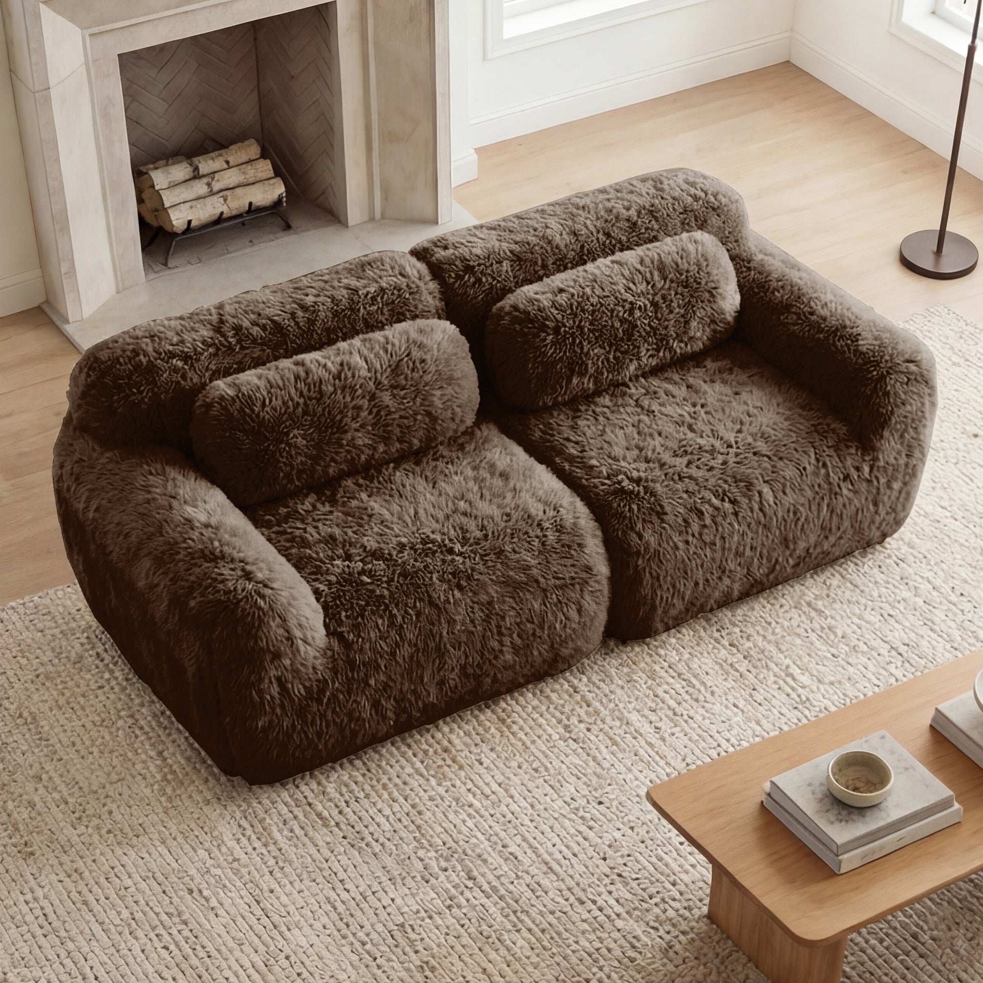 2-seater Modular Sectional Sofa Couches,Soft Fluffy Plush Fabric Bottom Anti-Slip Design,32D High Density Sponge,No Assembly Required Ergonomic Design,With Throw Pillows Fits Living Rooms,Chocolate