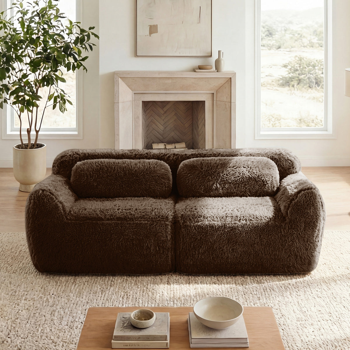 2-seater Modular Sectional Sofa Couches,Soft Fluffy Plush Fabric Bottom Anti-Slip Design,32D High Density Sponge,No Assembly Required Ergonomic Design,With Throw Pillows Fits Living Rooms,Chocolate