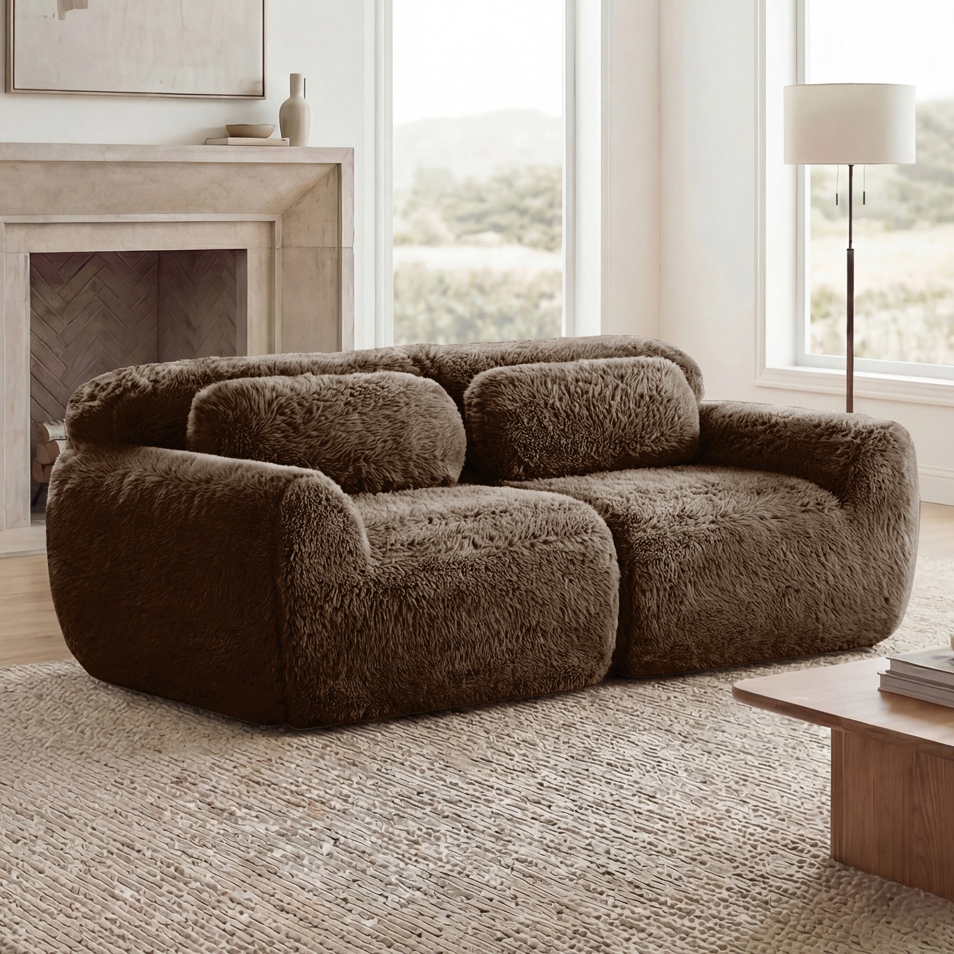 2-seater Modular Sectional Sofa Couches,Soft Fluffy Plush Fabric Bottom Anti-Slip Design,32D High Density Sponge,No Assembly Required Ergonomic Design,With Throw Pillows Fits Living Rooms,Chocolate