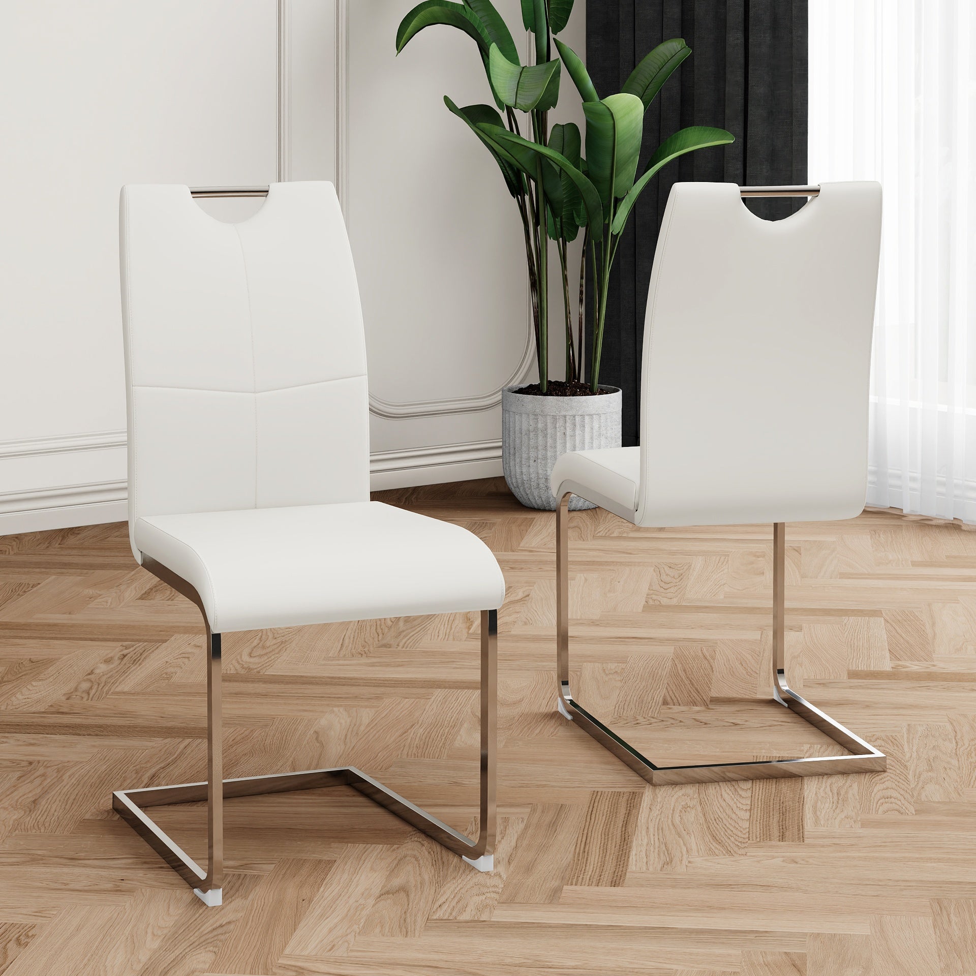 Modern Dining Chairs with Faux Leather Padded Seat Dining Living Room Chairs Upholstered Chair with Chrome Metal Legs Design for Kitchen, Living, Bedroom, Dining Room Side Chairs Set of 2