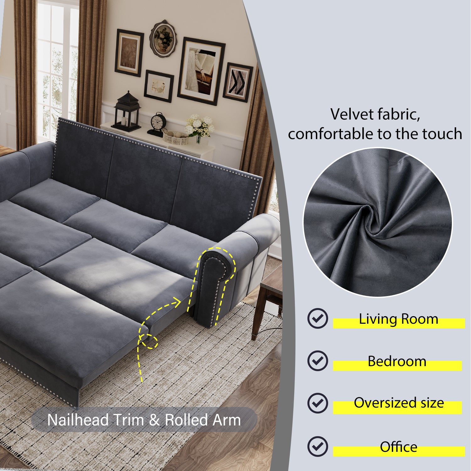 Chesterfield Sofa,93.7" King Pull Out Sofa Bed,3-in-1 Velvet Convertible Sleeper Sofa with Nailhead Trim & Rolled Arm,Multi-Functional Sofa Bed for Living Room,Bedroom,Grey