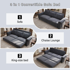 Chesterfield Sofa,93.7" King Pull Out Sofa Bed,3-in-1 Velvet Convertible Sleeper Sofa with Nailhead Trim & Rolled Arm,Multi-Functional Sofa Bed for Living Room,Bedroom,Grey