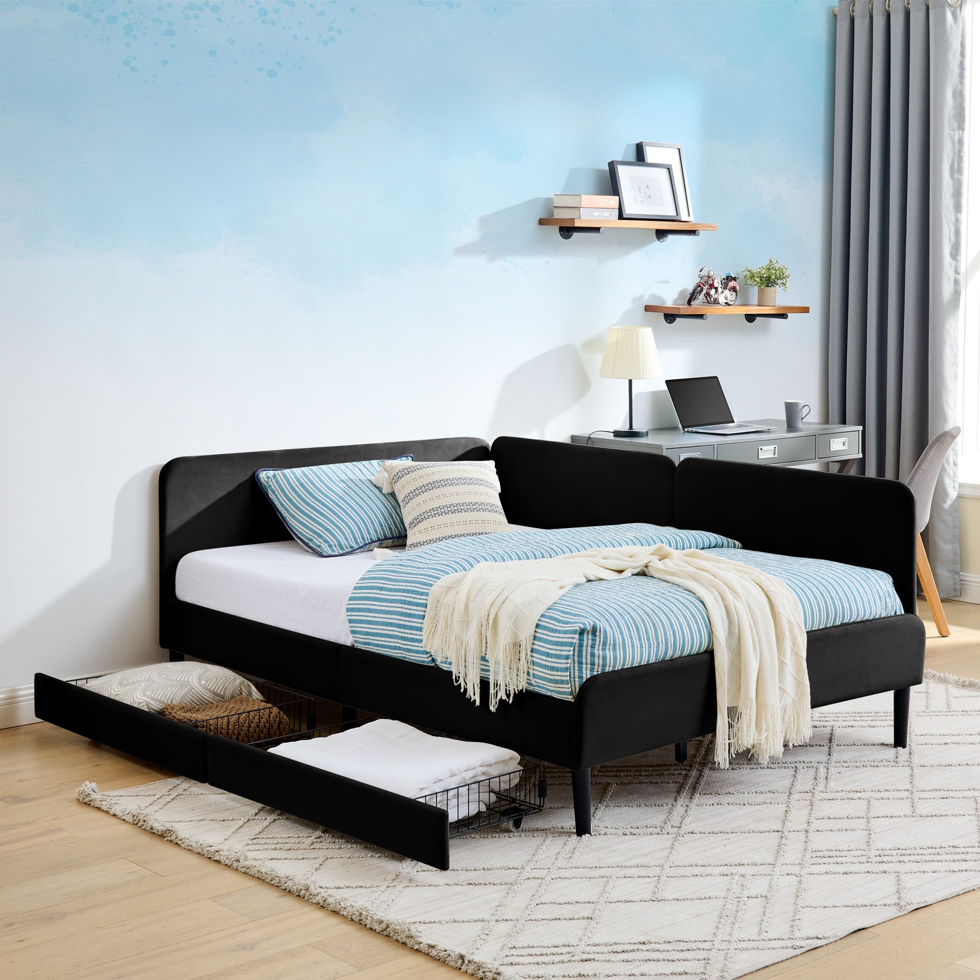 Full Size Upholstered Platform Bed Frame with 2 Storage Drawers, Adjustable Velvet Sofa Bed, Black