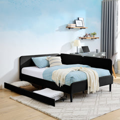 Full Size Upholstered Platform Bed Frame with 2 Storage Drawers, Adjustable Velvet Sofa Bed, Black