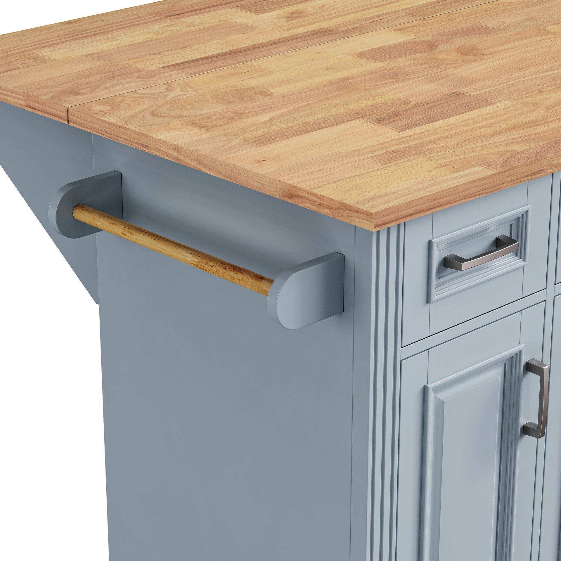 K&K 54inch Large Kitchen Island with Rubber Wood Drop Leaf, Embossed Texture Rolling Kitchen Cart on 4 Wheels with 4 Doors and 3 Drawers, Kitchen Island with Storage for Kitchen, Dining Room,Grey Blue