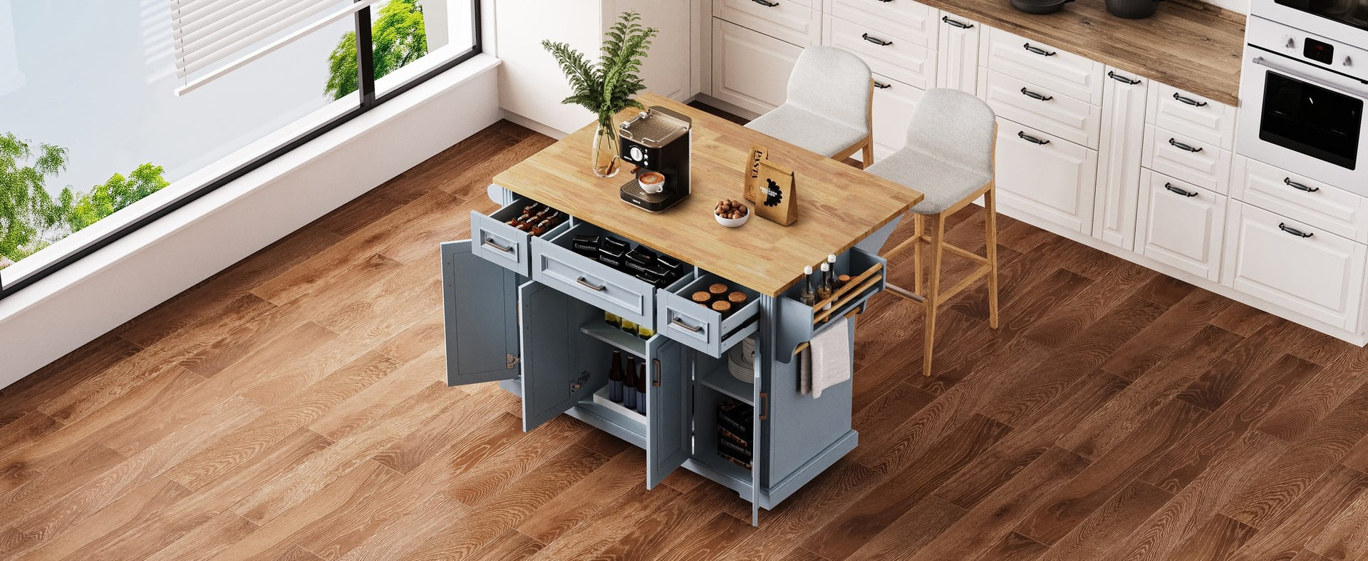K&K 54inch Large Kitchen Island with Rubber Wood Drop Leaf, Embossed Texture Rolling Kitchen Cart on 4 Wheels with 4 Doors and 3 Drawers, Kitchen Island with Storage for Kitchen, Dining Room,Grey Blue