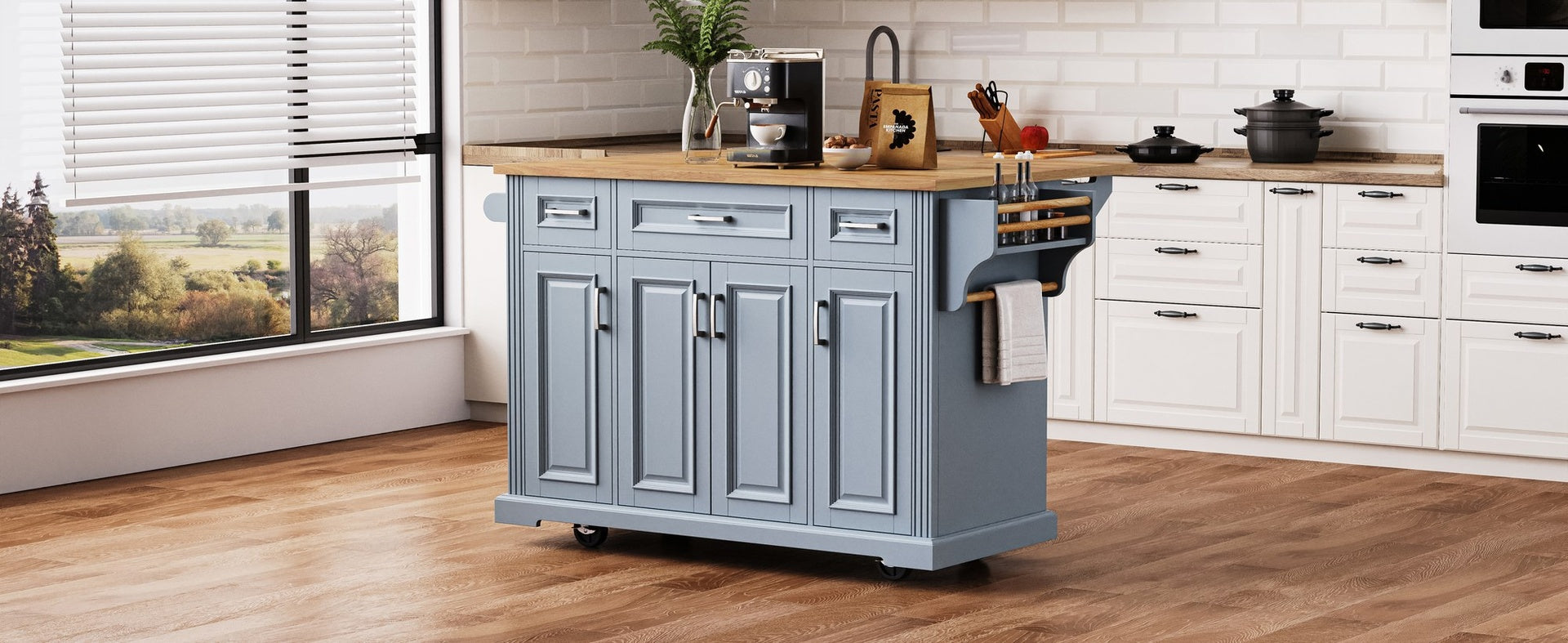 K&K 54inch Large Kitchen Island with Rubber Wood Drop Leaf, Embossed Texture Rolling Kitchen Cart on 4 Wheels with 4 Doors and 3 Drawers, Kitchen Island with Storage for Kitchen, Dining Room,Grey Blue