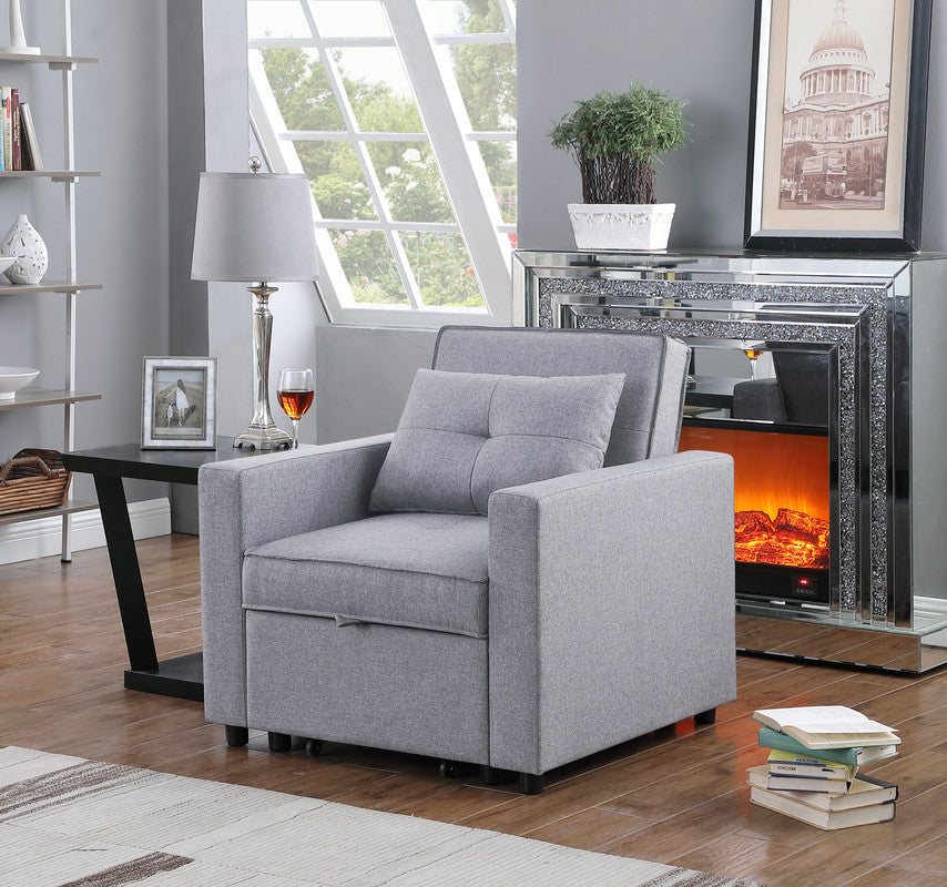 Zoey 33.25" Light Gray Linen Convertible Sleeper Chair with Side Pocket