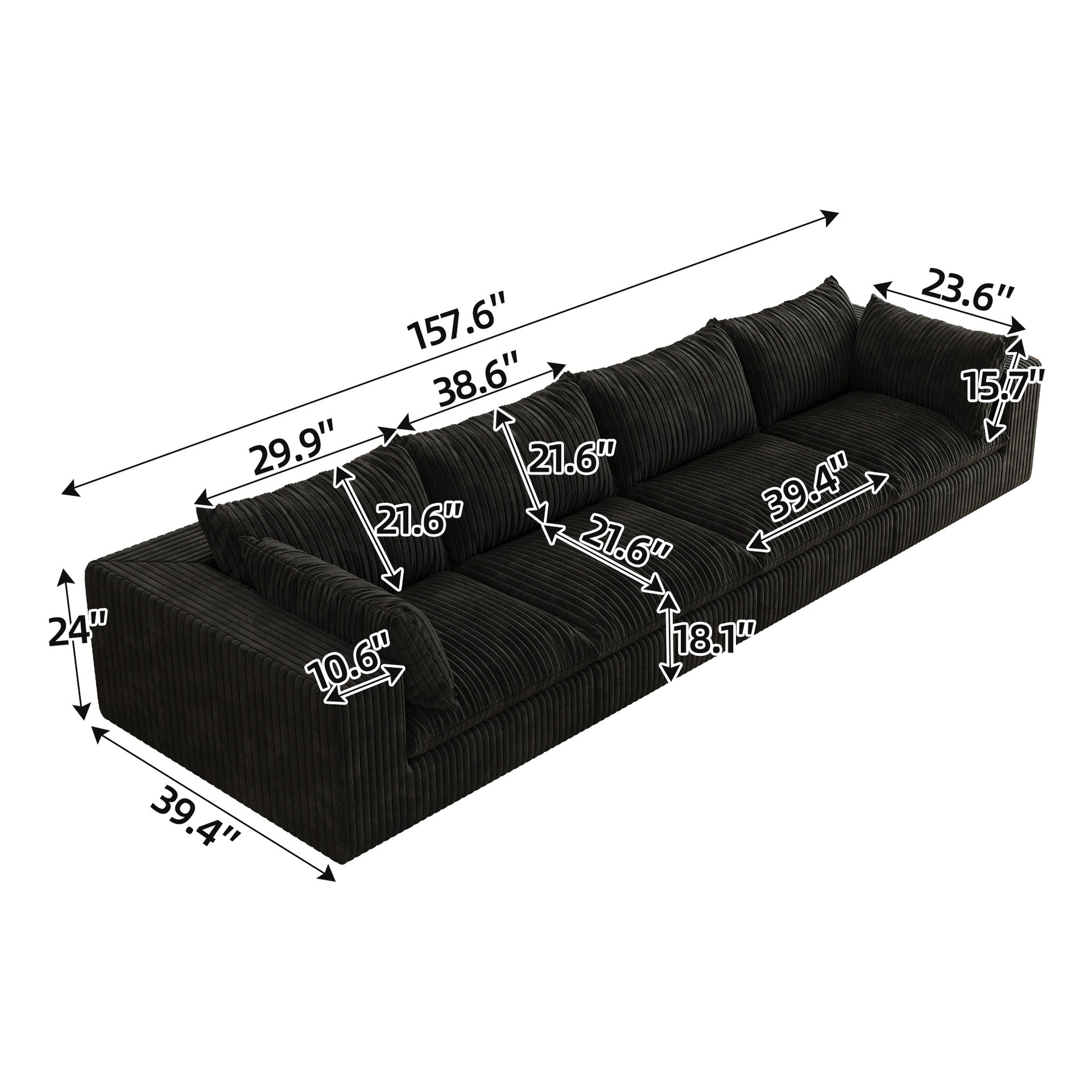 157.6"Cloud Sofa,Corduroy Fabric,Deep Seat Couches,Double-layer design,Removable  Cushion,No Assembly,DIY Combination for Living room, Bedroom,Conference room ,Apartment,Black