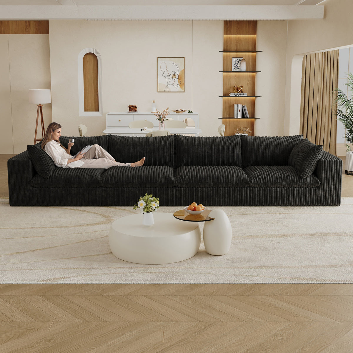 157.6"Cloud Sofa,Corduroy Fabric,Deep Seat Couches,Double-layer design,Removable  Cushion,No Assembly,DIY Combination for Living room, Bedroom,Conference room ,Apartment,Black