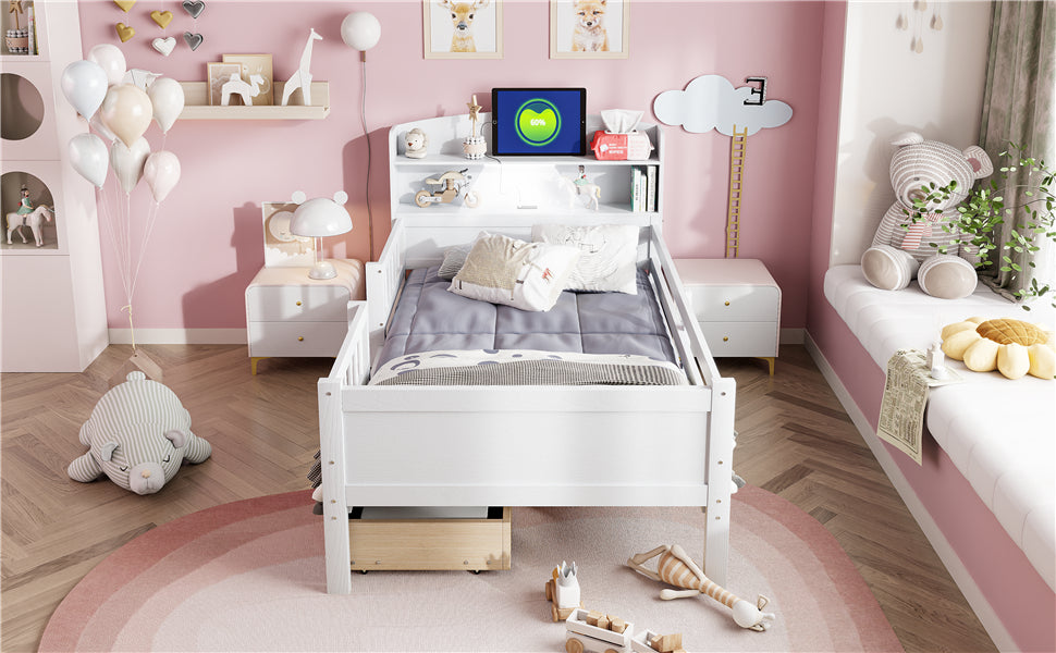 Wood Twin Size Platform Bed with Built-in LED Light, Multi-functional Headboard, Guardrail and 2 Drawers, White
