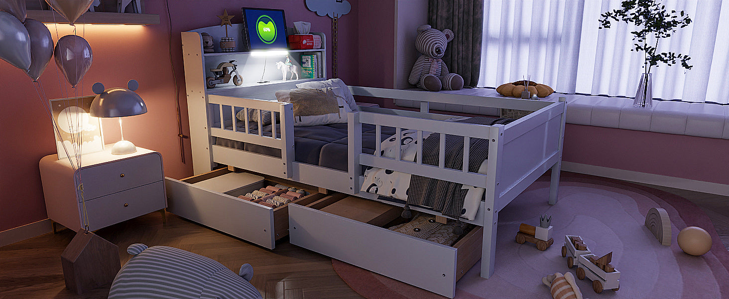 Wood Twin Size Platform Bed with Built-in LED Light, Multi-functional Headboard, Guardrail and 2 Drawers, White