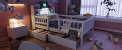 Wood Twin Size Platform Bed with Built-in LED Light, Multi-functional Headboard, Guardrail and 2 Drawers, White