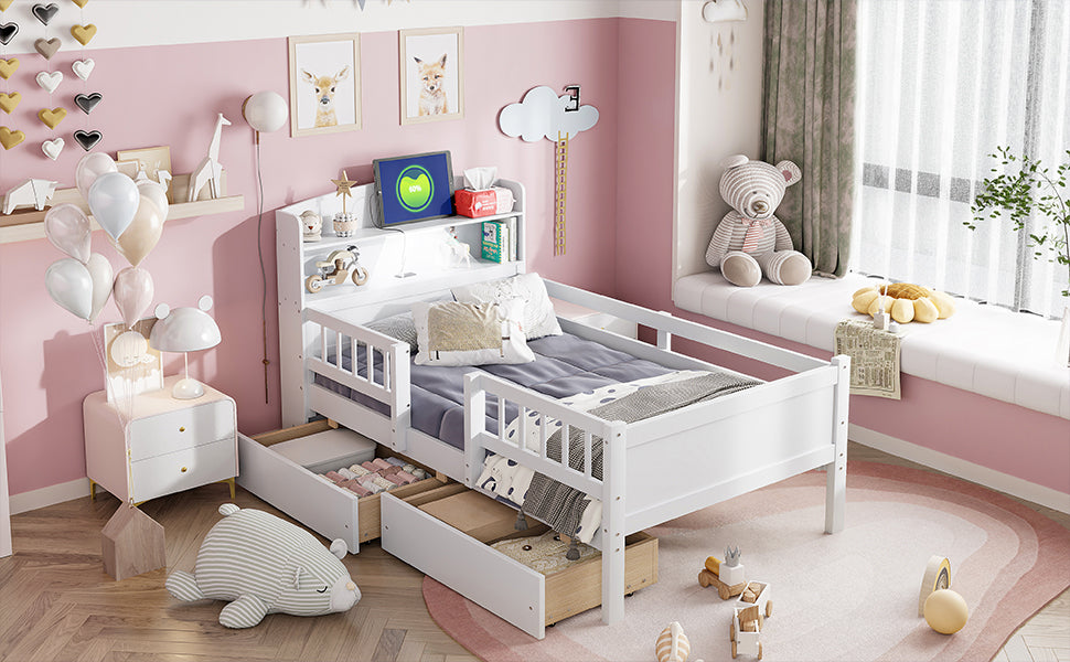 Wood Twin Size Platform Bed with Built-in LED Light, Multi-functional Headboard, Guardrail and 2 Drawers, White