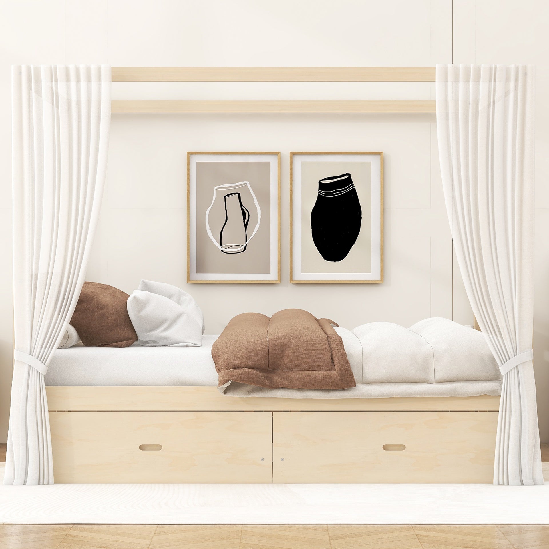 Wooden Canopy Bed with Storage Drawers, King size, Natural