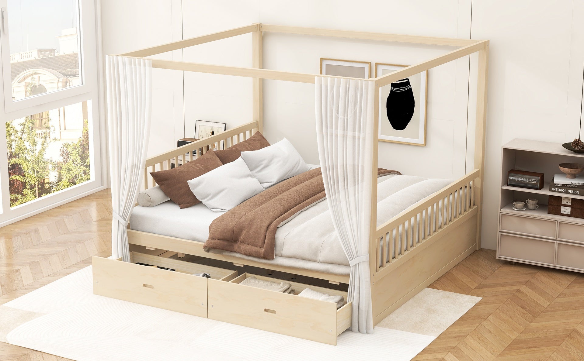 Wooden Canopy Bed with Storage Drawers, King size, Natural