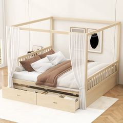 Wooden Canopy Bed with Storage Drawers, King size, Natural