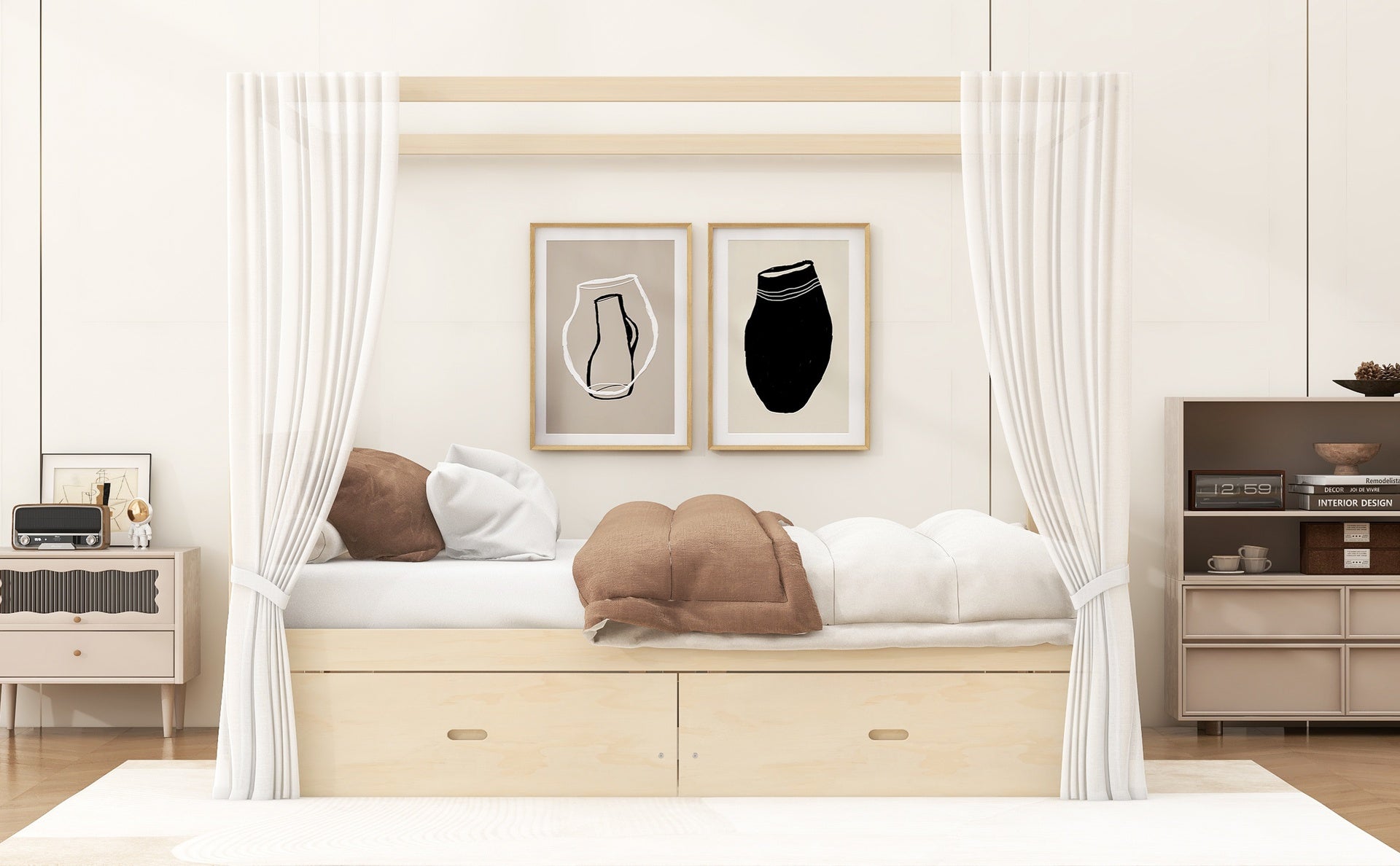 Wooden Canopy Bed with Storage Drawers, Queen size, Natual