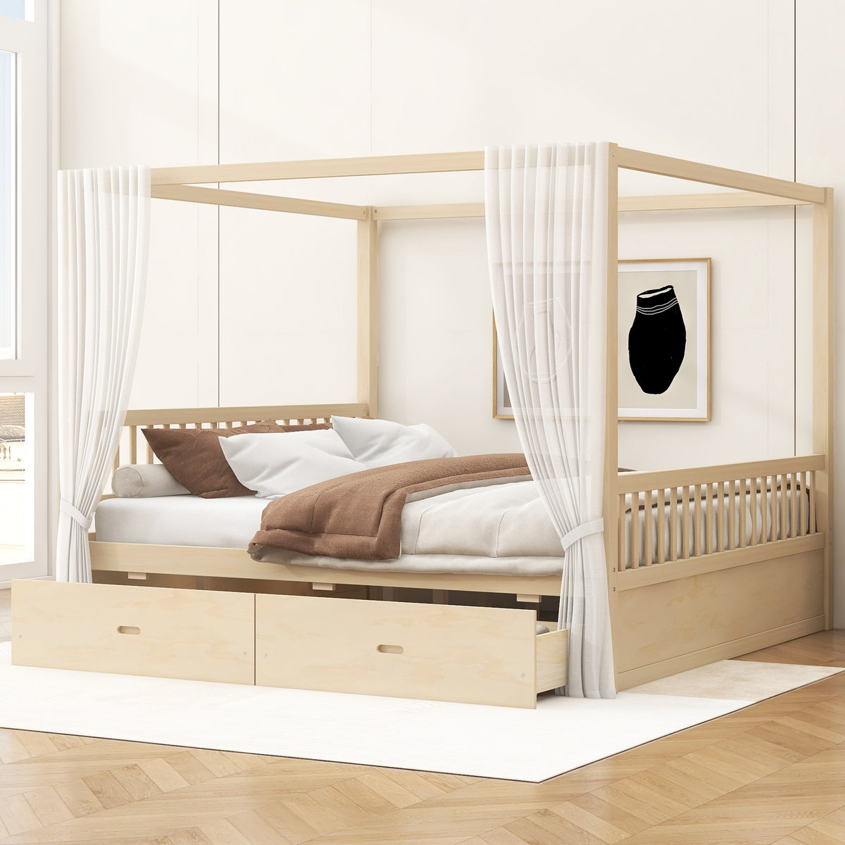 Wooden Canopy Bed with Storage Drawers, Queen size, Natual