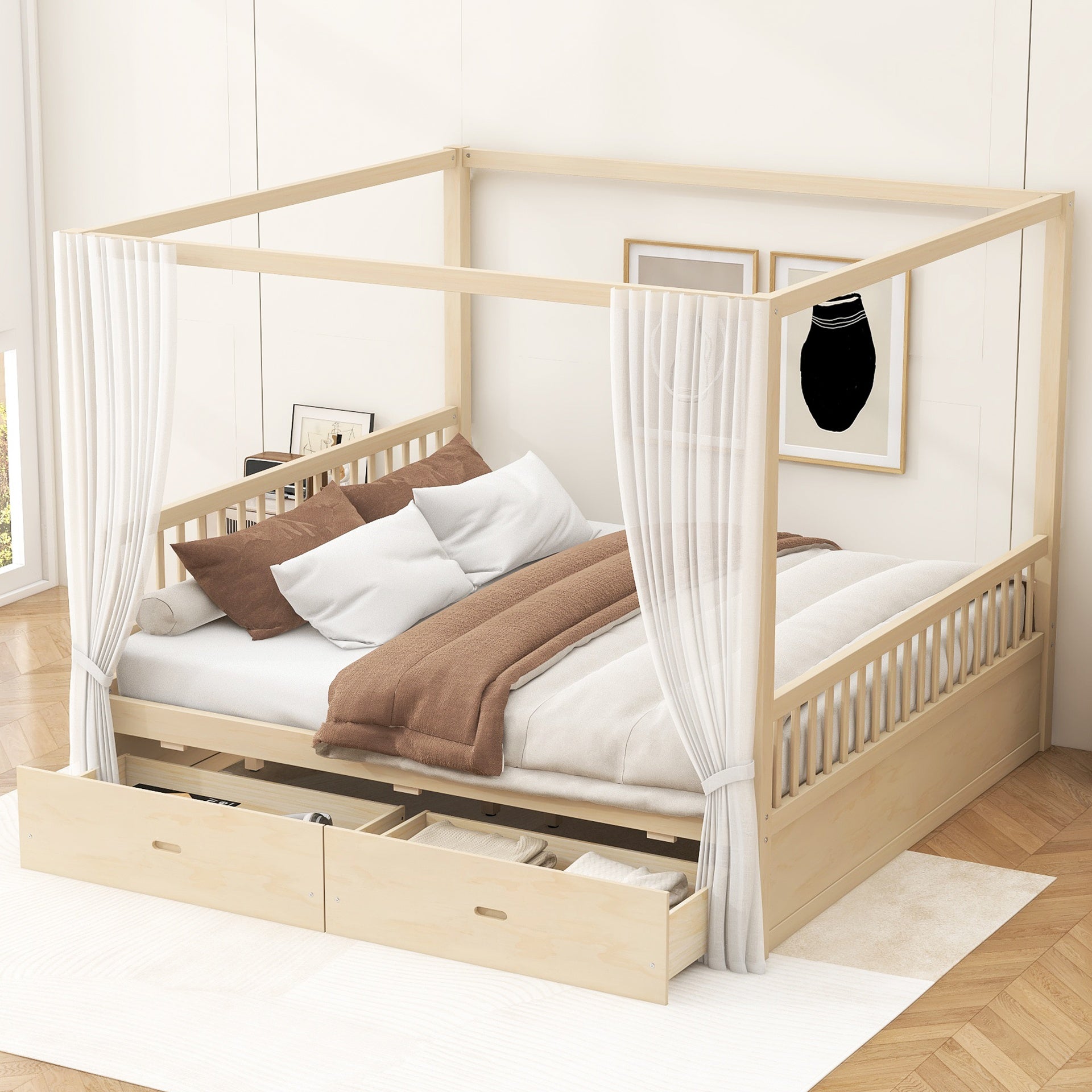 Wooden Canopy Bed with Storage Drawers, Queen size, Natual