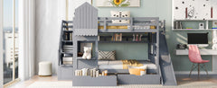 Full-Over-Full Castle Style Bunk Bed with 2 Drawers 3 Shelves and Slide - Gray