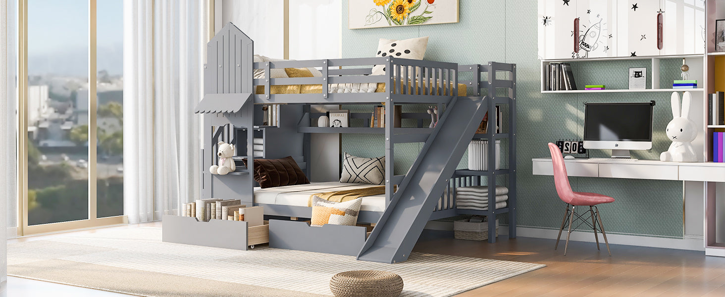 Full-Over-Full Castle Style Bunk Bed with 2 Drawers 3 Shelves and Slide - Gray