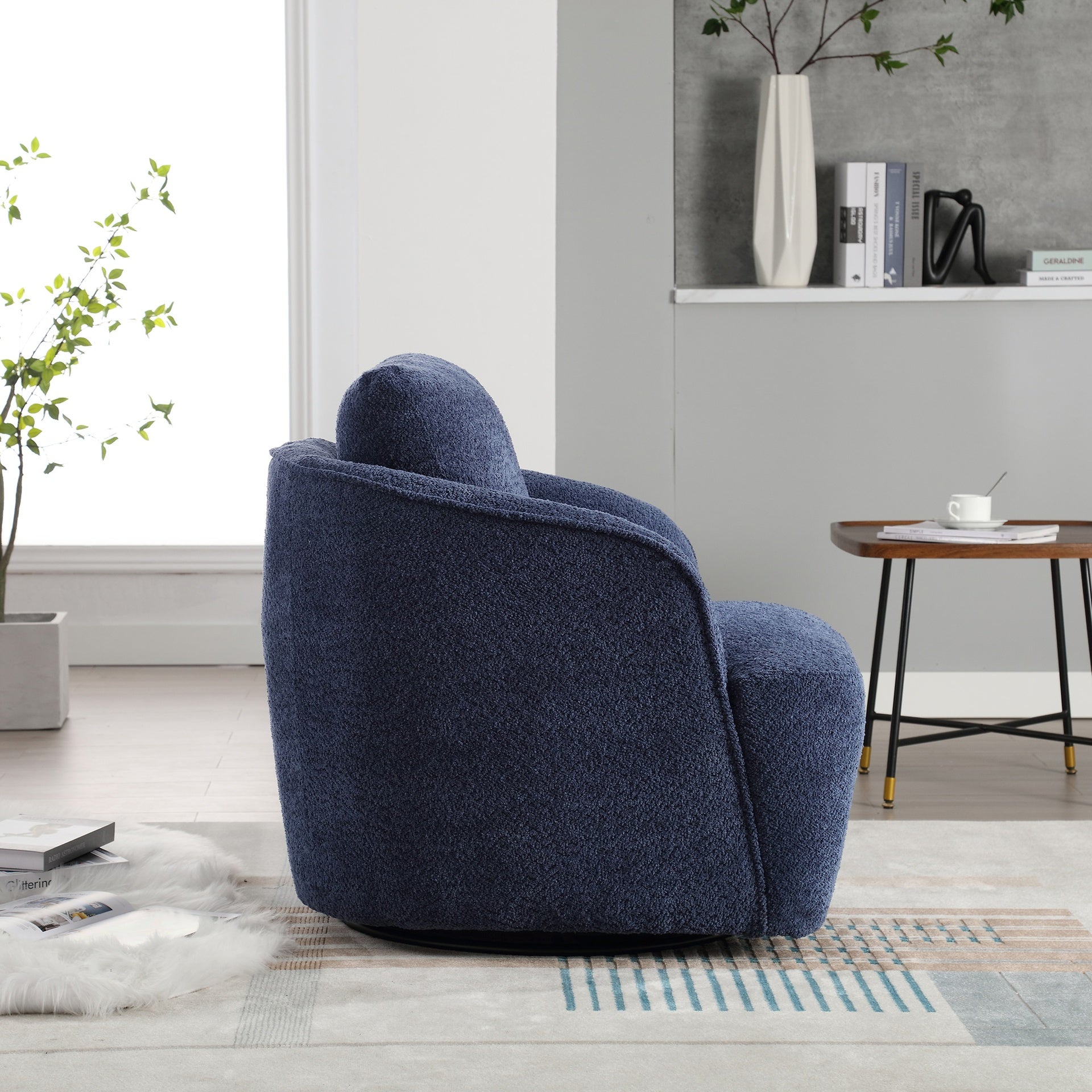 30.3"W Boucle Upholstered Swivel Accent Barrel Chair and Comfy Round Accent Single Sofa Chair, 360 Degree Club Bucket Chair, Lounge Armchair for Living Room Bedroom Nursery. Navy