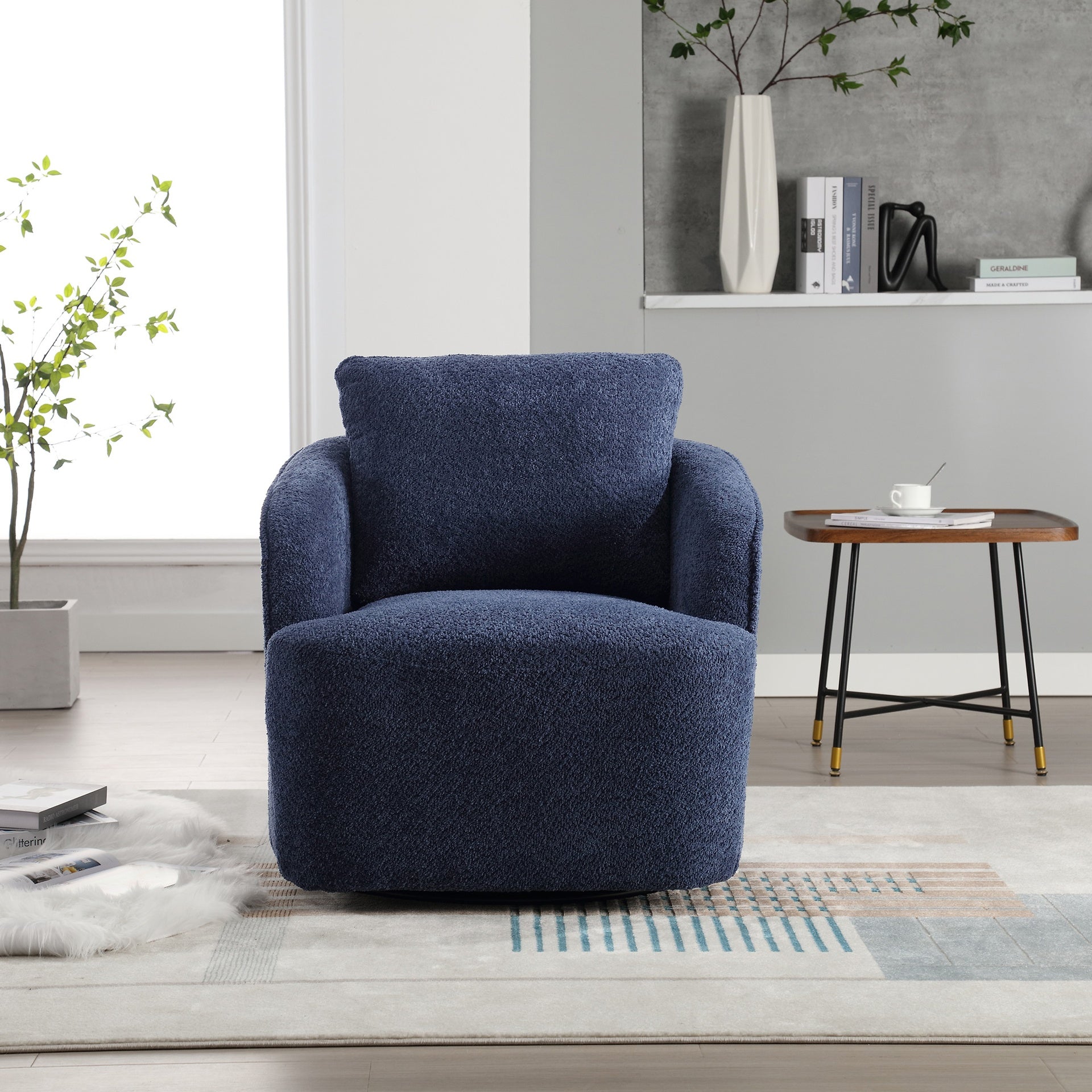 30.3"W Boucle Upholstered Swivel Accent Barrel Chair and Comfy Round Accent Single Sofa Chair, 360 Degree Club Bucket Chair, Lounge Armchair for Living Room Bedroom Nursery. Navy