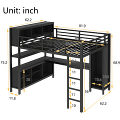 Metal Loft Bed with Wardrobe And L-shaped Desk, Queen Size Loft Bed with Storage Cubes and Shelves, Heavy Duty Loft Bed for Kids Teens Adults, Black