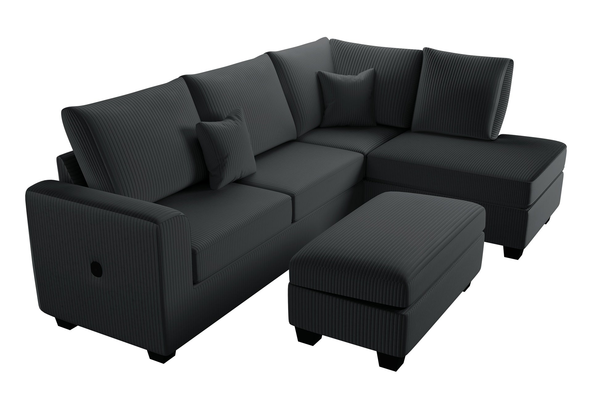 Modern Style 3pc Sectional Set USB Port Storage Ottoman Right Arm Chaise Left Arm Sofa Black Finish Primary Living Room