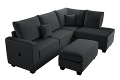 Modern Style 3pc Sectional Set USB Port Storage Ottoman Right Arm Chaise Left Arm Sofa Black Finish Primary Living Room