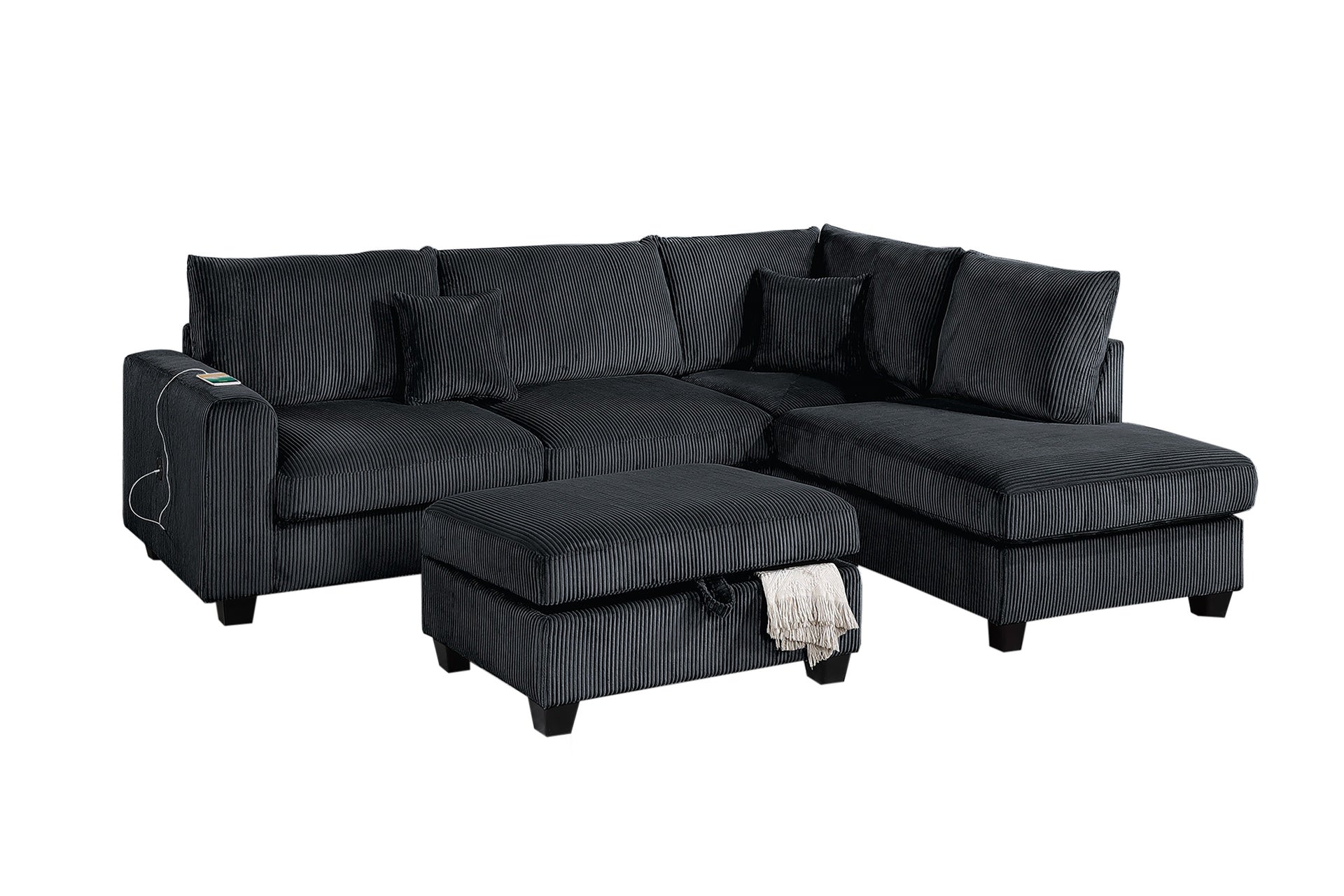 Modern Style 3pc Sectional Set USB Port Storage Ottoman Right Arm Chaise Left Arm Sofa Black Finish Primary Living Room