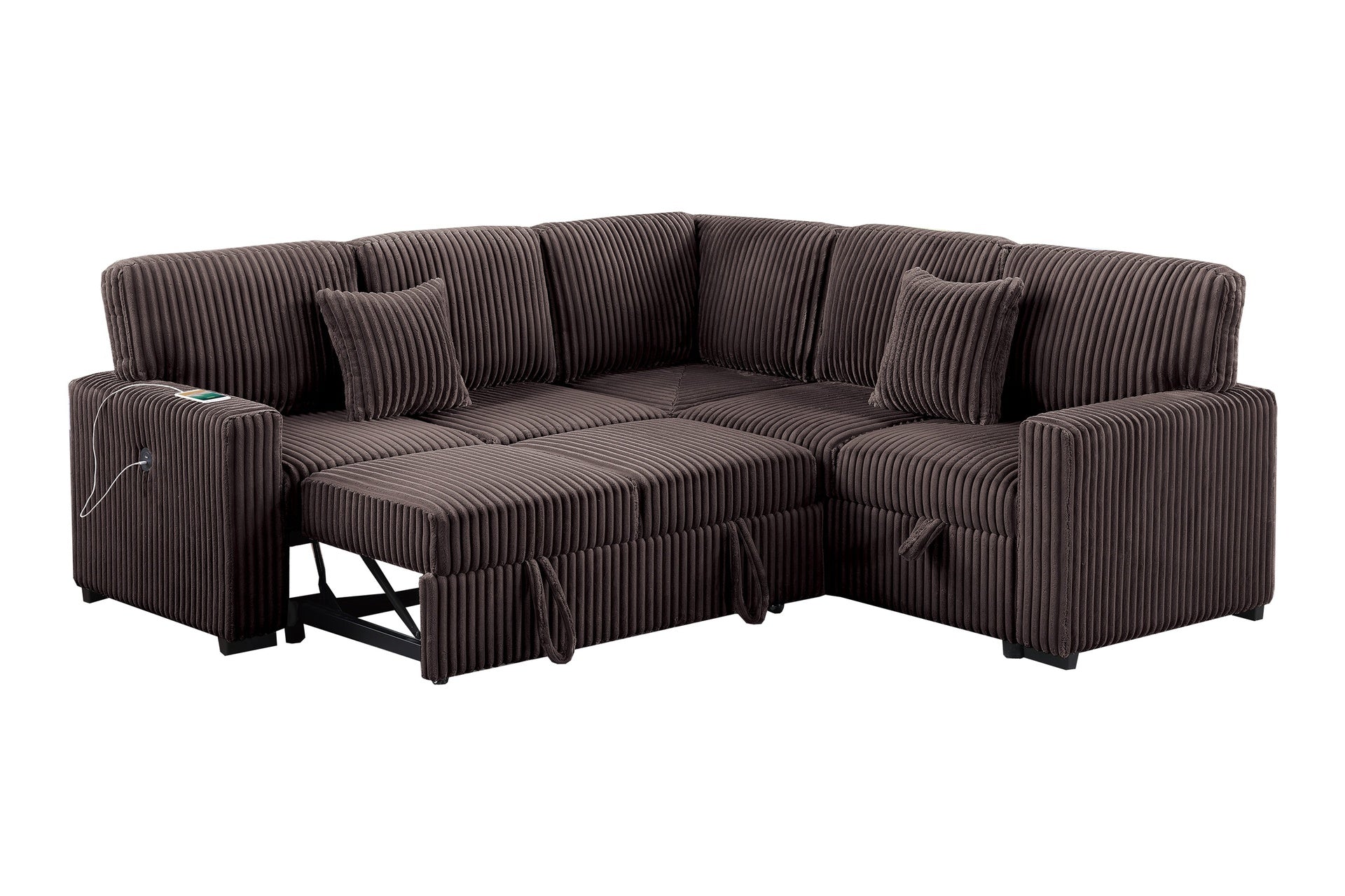 Modern Style Soft Textured 3pc Convertible Sectional Reversible Storage Pull Out Bed USB Port Chocolate Finish Primary Living Room Pillow Included