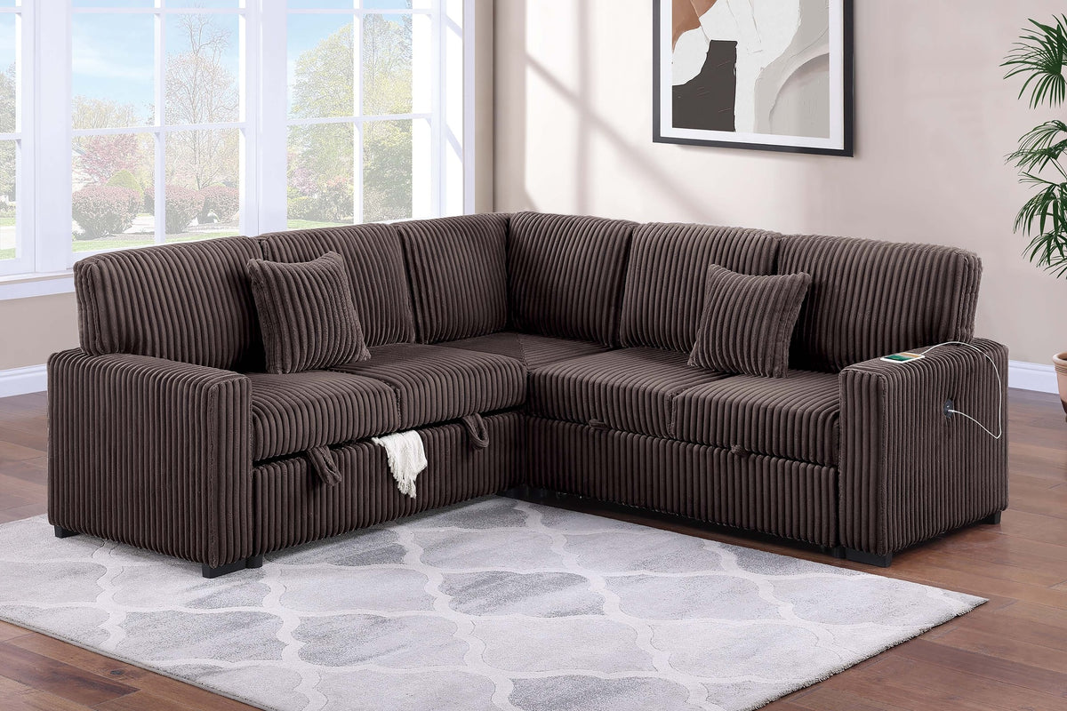 Modern Style Soft Textured 3pc Convertible Sectional Reversible Storage Pull Out Bed USB Port Chocolate Finish Primary Living Room Pillow Included