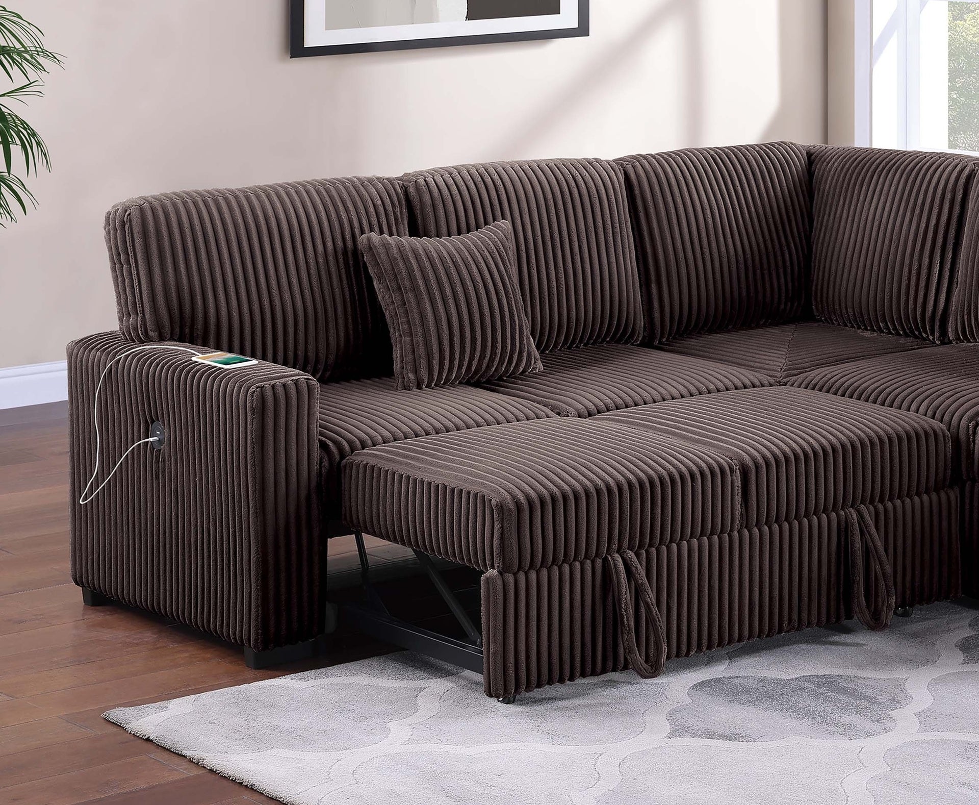 Modern Style Soft Textured 3pc Convertible Sectional Reversible Storage Pull Out Bed USB Port Chocolate Finish Primary Living Room Pillow Included