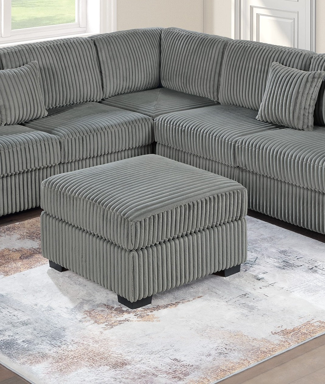 Living Room Corduroy Upholstered Smoke 4pc Sectional Set RAF/LAF One-Arm Loveseat W/USB, Corner Wedge, Cocktail Ottoman Cushion Couch