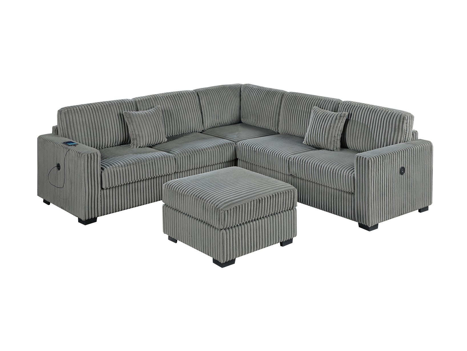 Living Room Corduroy Upholstered Smoke 4pc Sectional Set RAF/LAF One-Arm Loveseat W/USB, Corner Wedge, Cocktail Ottoman Cushion Couch
