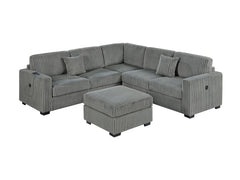 Living Room Corduroy Upholstered Smoke 4pc Sectional Set RAF/LAF One-Arm Loveseat W/USB, Corner Wedge, Cocktail Ottoman Cushion Couch