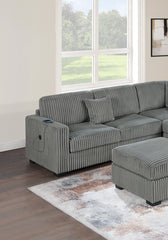 Living Room Corduroy Upholstered Smoke 4pc Sectional Set RAF/LAF One-Arm Loveseat W/USB, Corner Wedge, Cocktail Ottoman Cushion Couch