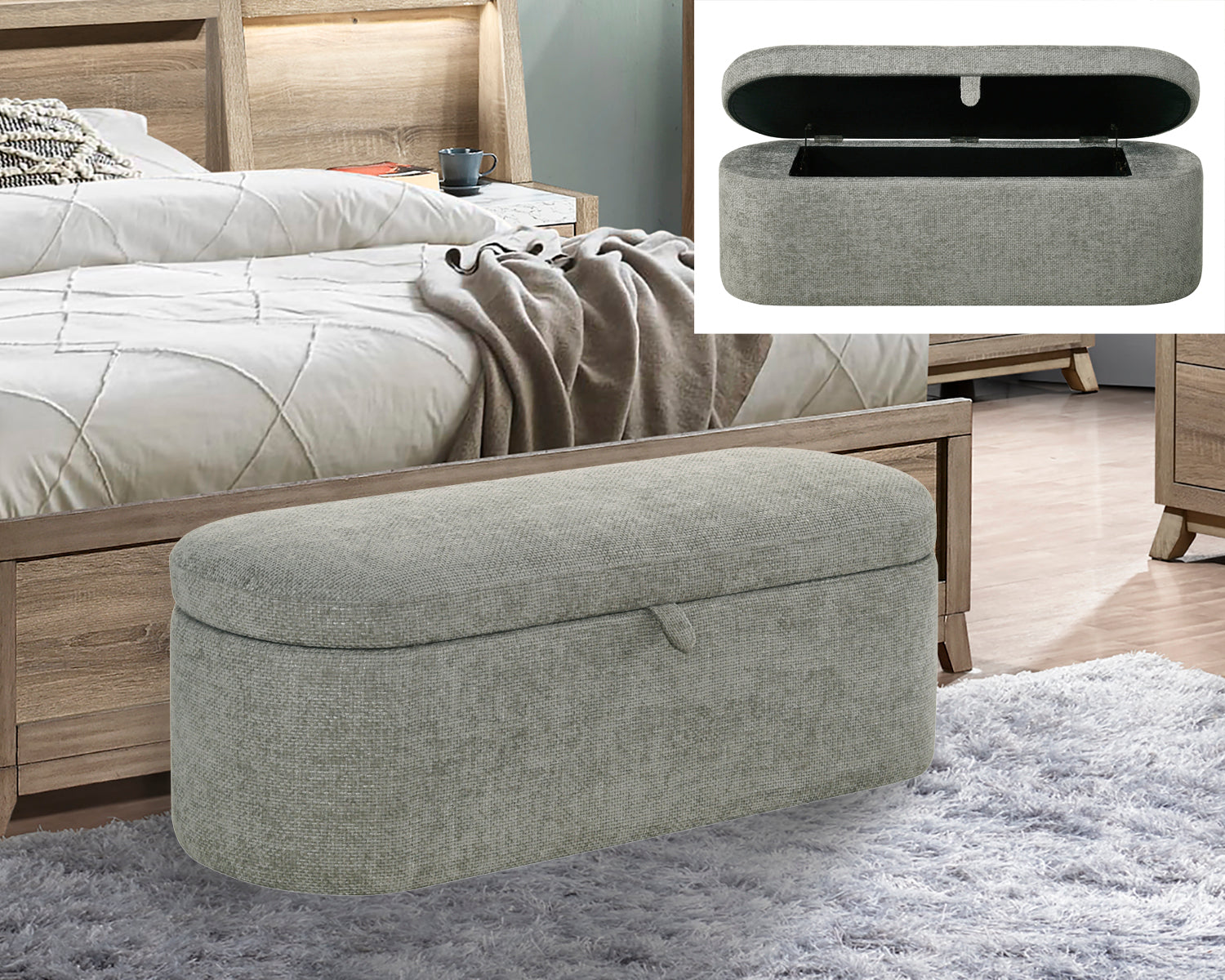 1pc Stylish Functional Storage Bench Spacious Hidden Compartment Cushioned Seat Sturdy Wooden Frame Fabric Upholstery Bedroom Entryway Living Spaces Light Gray Tweed