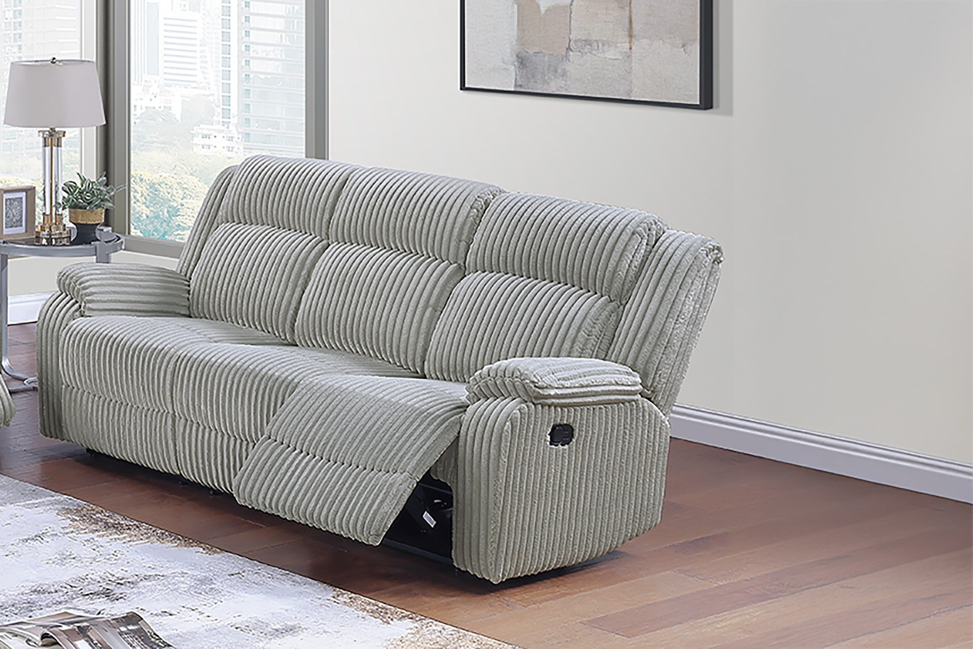 1pc Motion Sofa Ash Color Fur Like Corduroy Living Room Reclining Couch Plush Textured Seat
