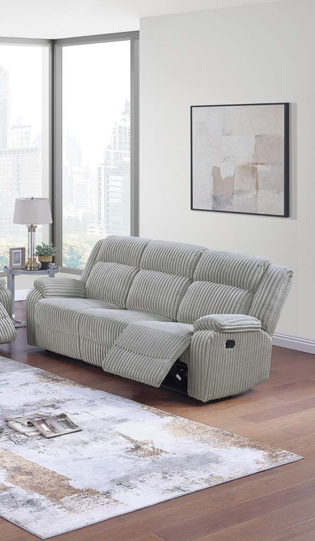 1pc Motion Sofa Ash Color Fur Like Corduroy Living Room Reclining Couch Plush Textured Seat