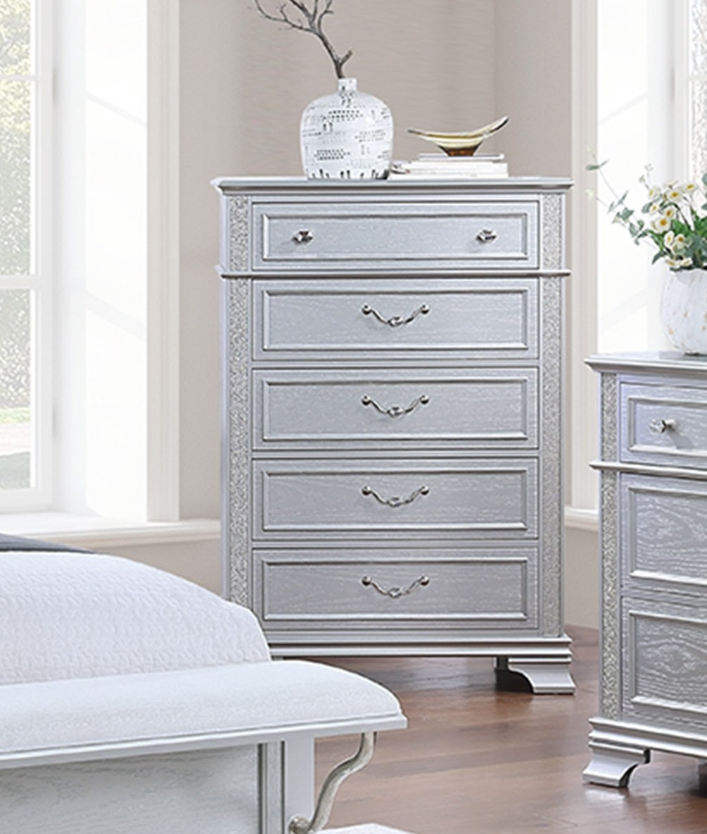 Elegance Gray Finish 5-Drawers Chest Contemporary 1pc Chest Pull Handles and crystal Knobs Bedroom