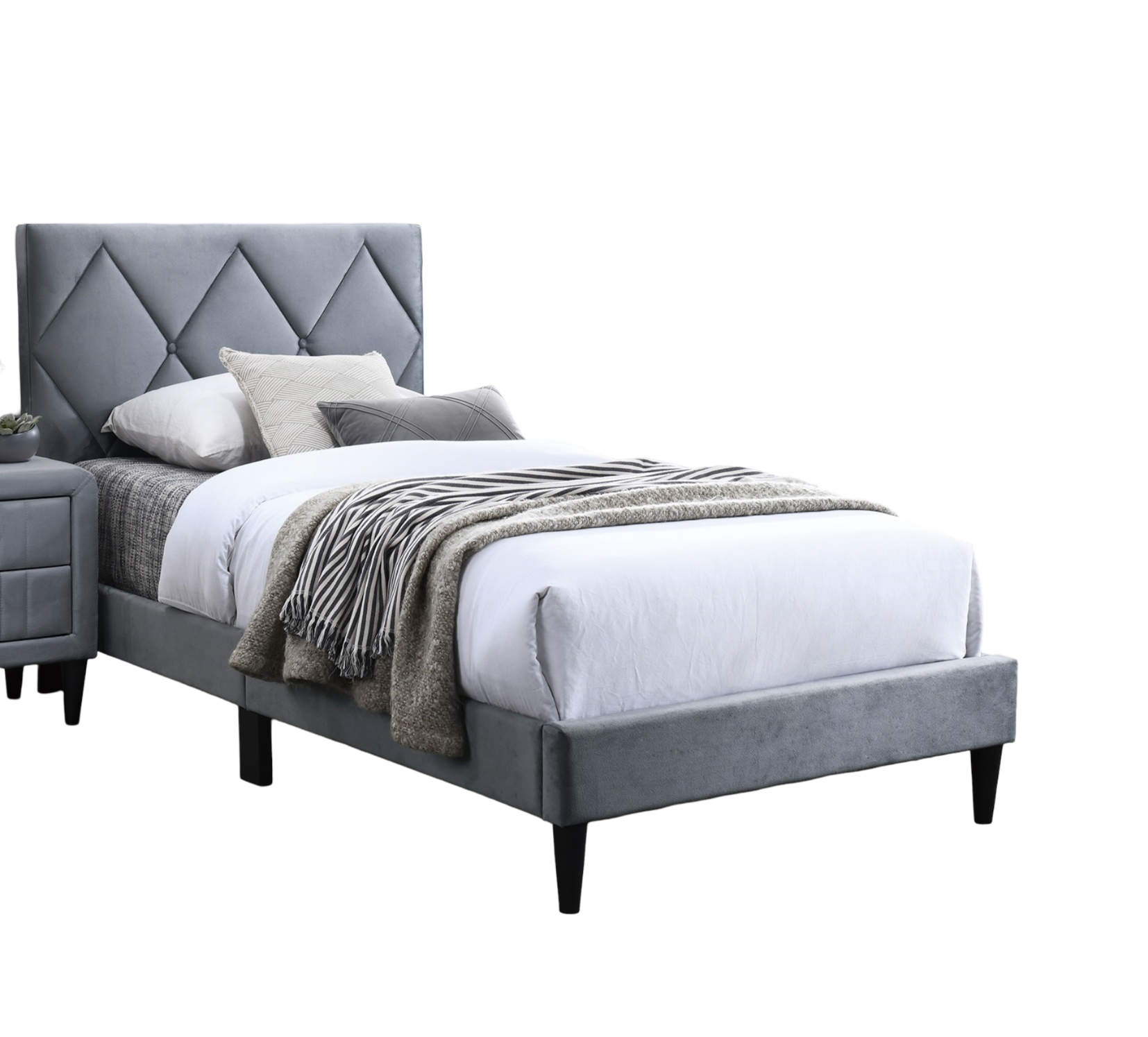 Full Size Bed w Adjustable Headboard 1pc Bedframe, Grey Velvet Upholstered Youth Bedroom Furniture