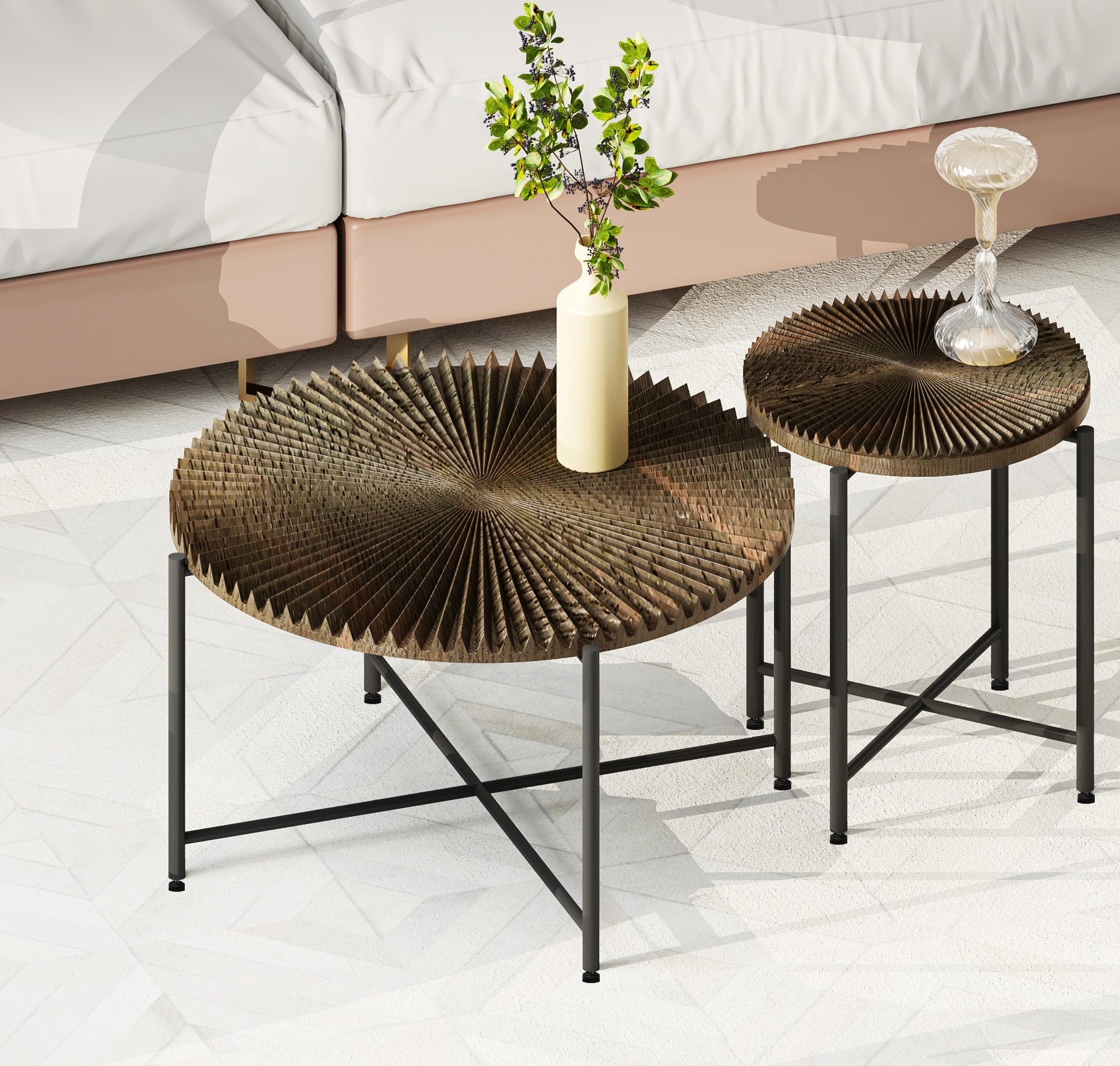 Radial Pattern 2-Piece Coffee and End Table Set – Waterproof MDF with PVC Cover, Distressed Cylindrical Design, Black Metal Legs – Classic Rustic Charm, Dark Walnut