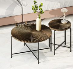 Radial Pattern 2-Piece Coffee and End Table Set – Waterproof MDF with PVC Cover, Distressed Cylindrical Design, Black Metal Legs – Classic Rustic Charm, Dark Walnut